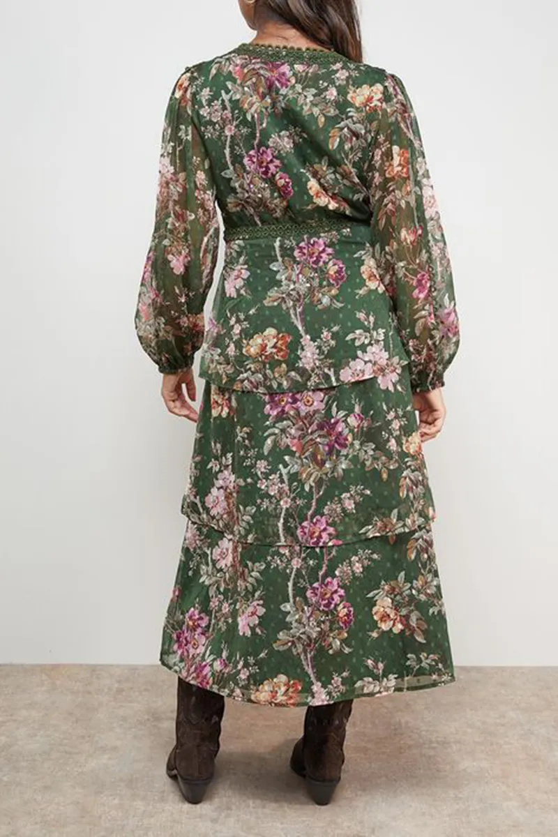Casual Style V-neck Printed Lace Dress