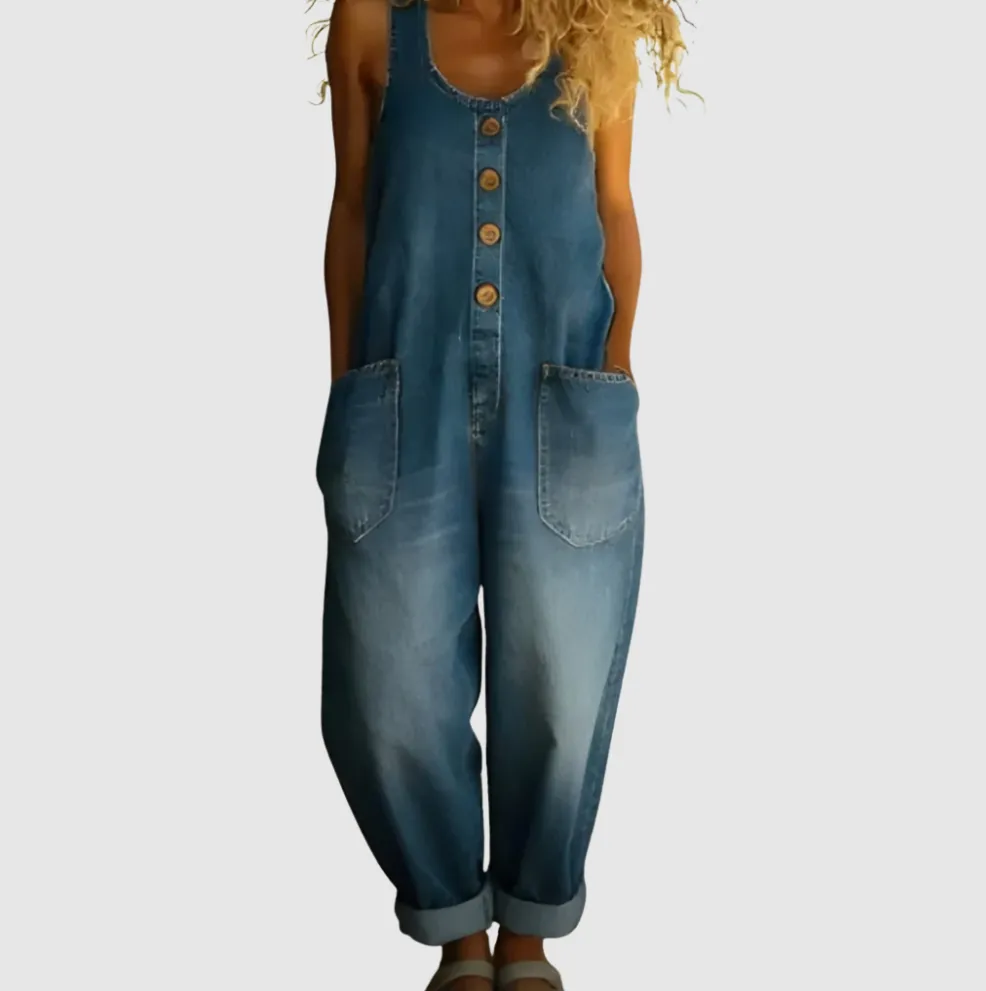 Denim Cotton Blend Wide Leg Jumpsuit