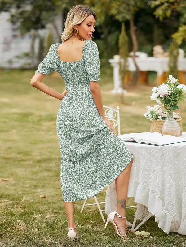 Women Square Neck Ditsy Floral Frill Trim Dress