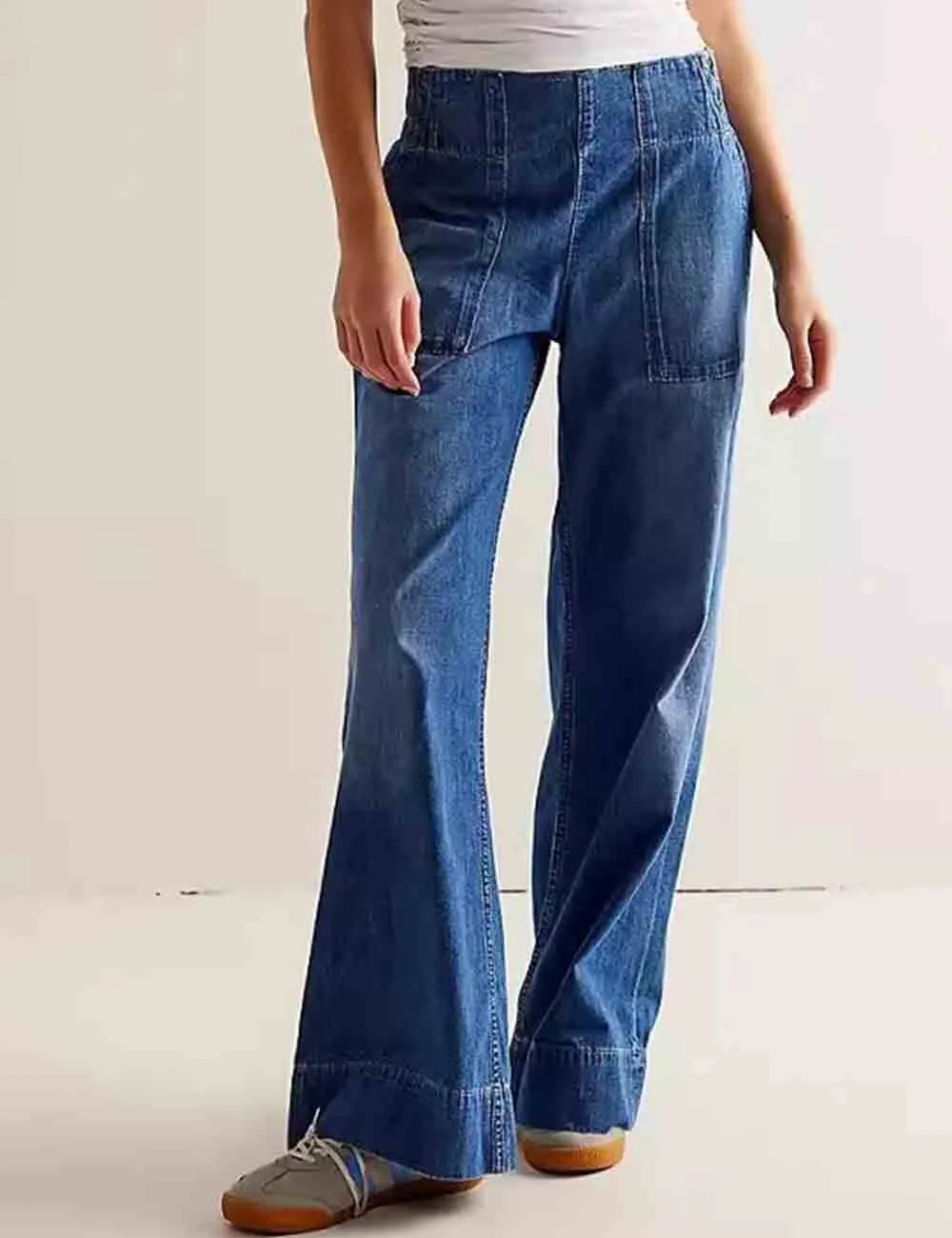 Elastic Waist Pocket Wide Leg Denim Pants