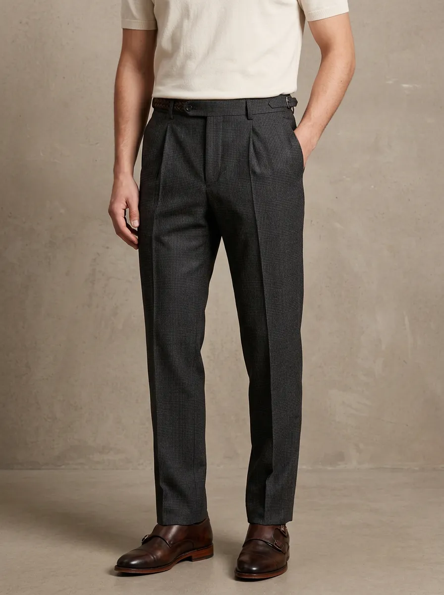 Men's Business Casual Dark Grey Plaid Printed Trousers