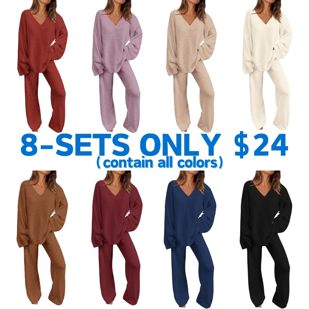 Women's 2-Piece Lounge Set Soft Chunky V Neck Tops& Wide Leg Long