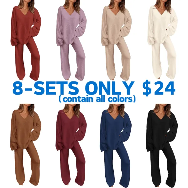 Women's 2-Piece Lounge Set Soft Chunky V Neck Tops& Wide Leg Long