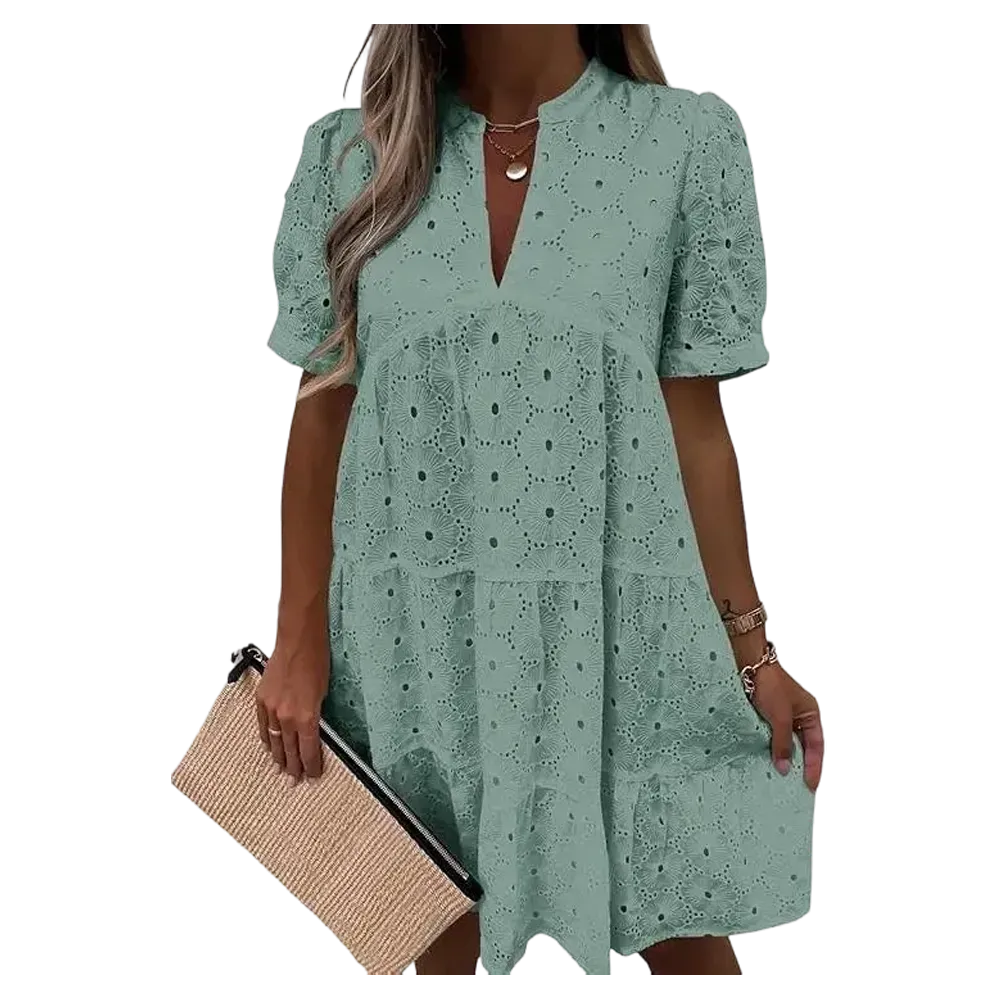 Flowy Lace Dresses Short Sleeve V Neck Tunic Dress