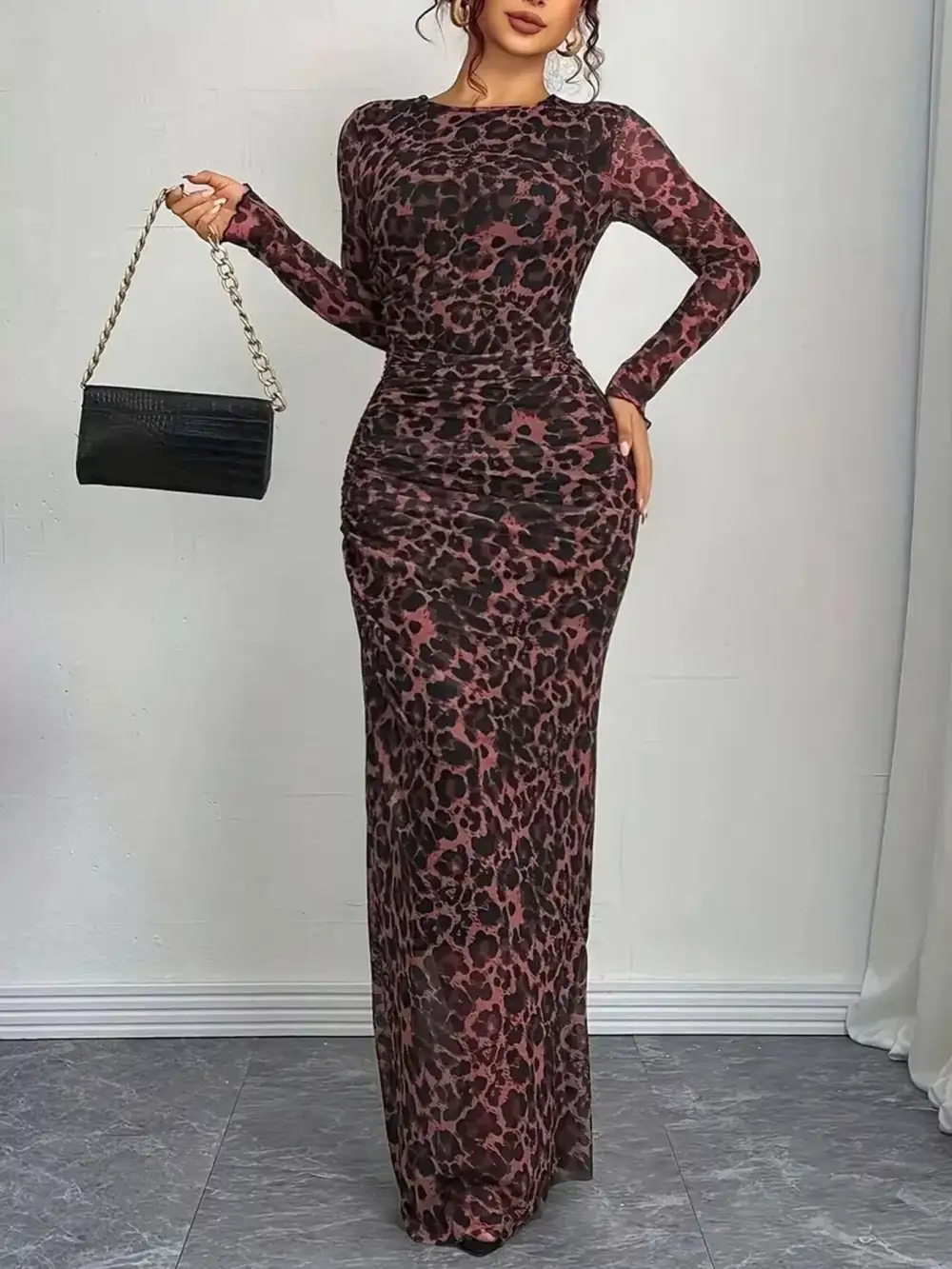 Animal Print Ruched Maxi Dress