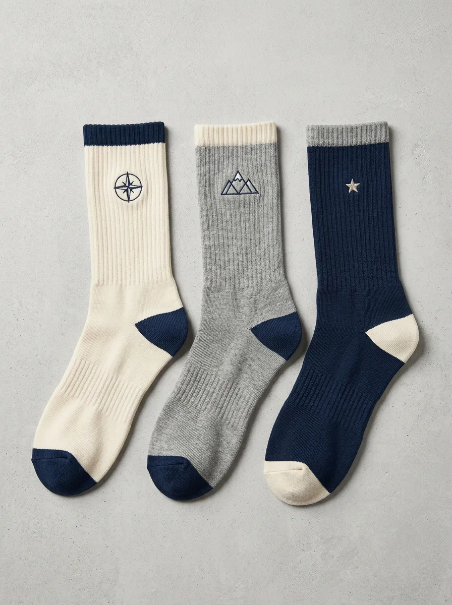 Unisex Relaxed Mountain Outdoor Three-Pair Embroidered Crew Socks