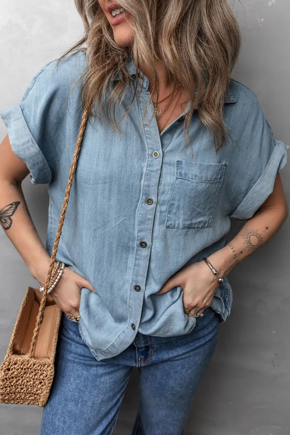 Dusk Blue Folded Short Sleeve Patched Pocket Denim Shirt