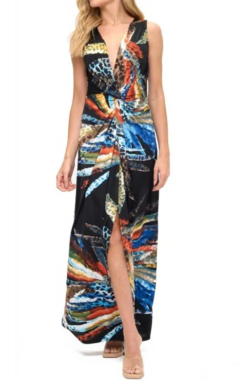 Abstract Print Twist Front Maxi Dress
