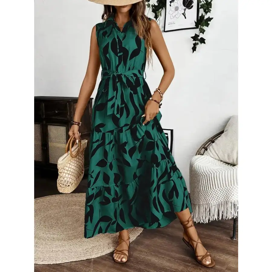 Printed Tie Waist Sleeveless Maxi Dress