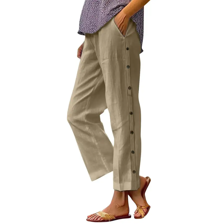 Full Size Side Decor Button Casual Wide Leg Pants Plus Size