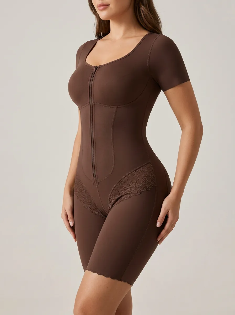 Women's Tummy Control Lace Trim Zip-Front Bodysuit Shapewear