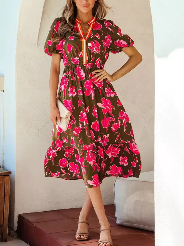 Gathered Detail Floral Printed Split Neck Dress