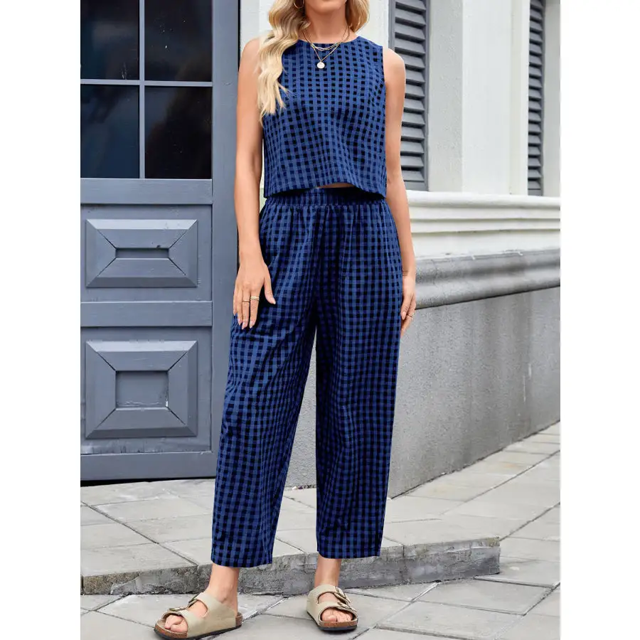 Lovelet Plaid Round Neck Sleeveless Top and Pants Set