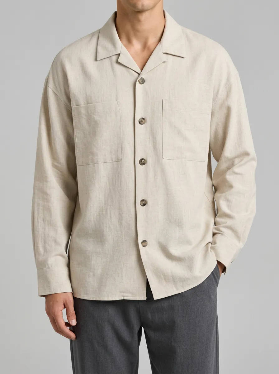 Unisex Button Front Beige Long Sleeve Shirt