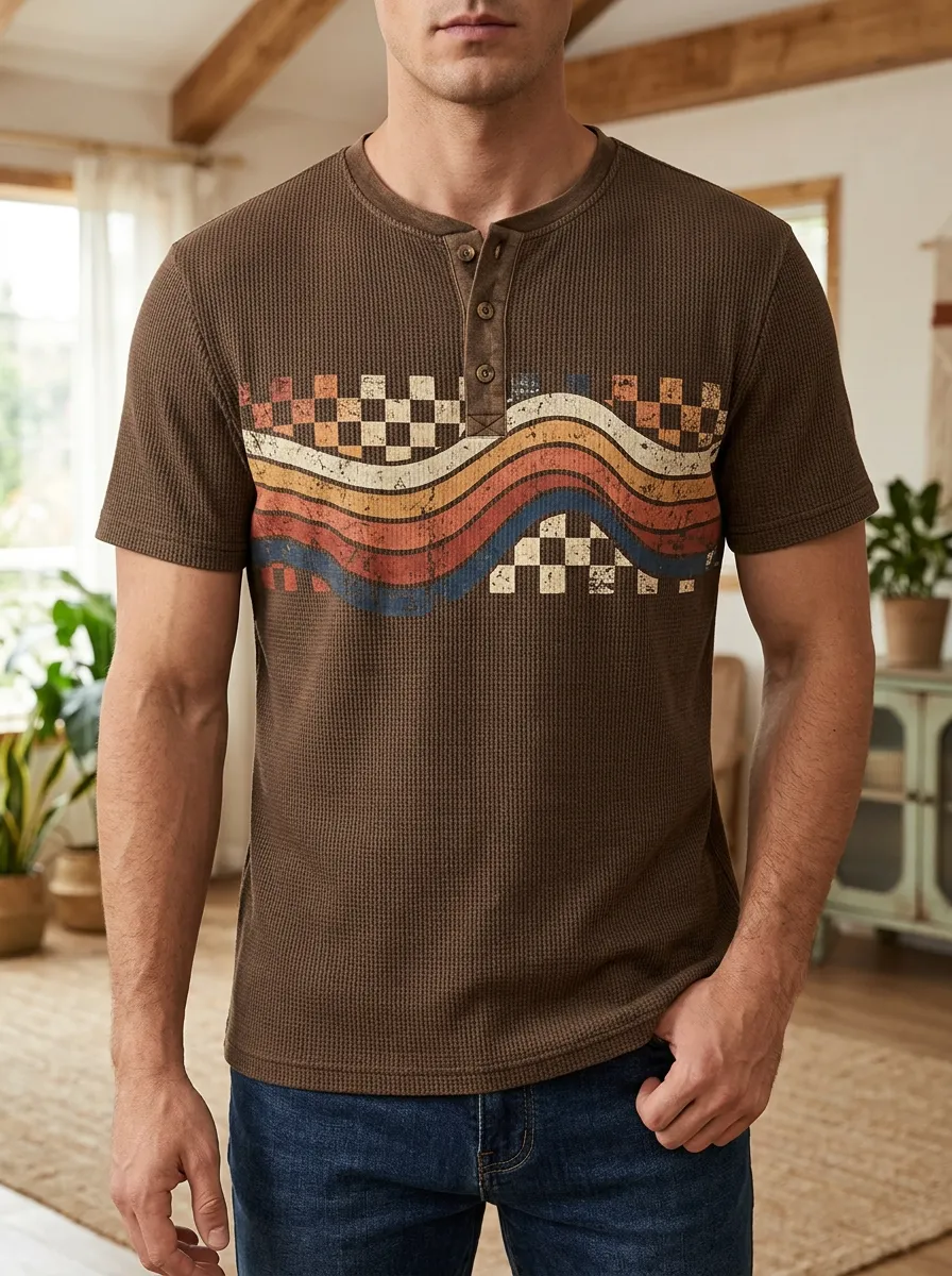 Men's Modern Retro Waffle Knit Checkered Wave Henley T-Shirt