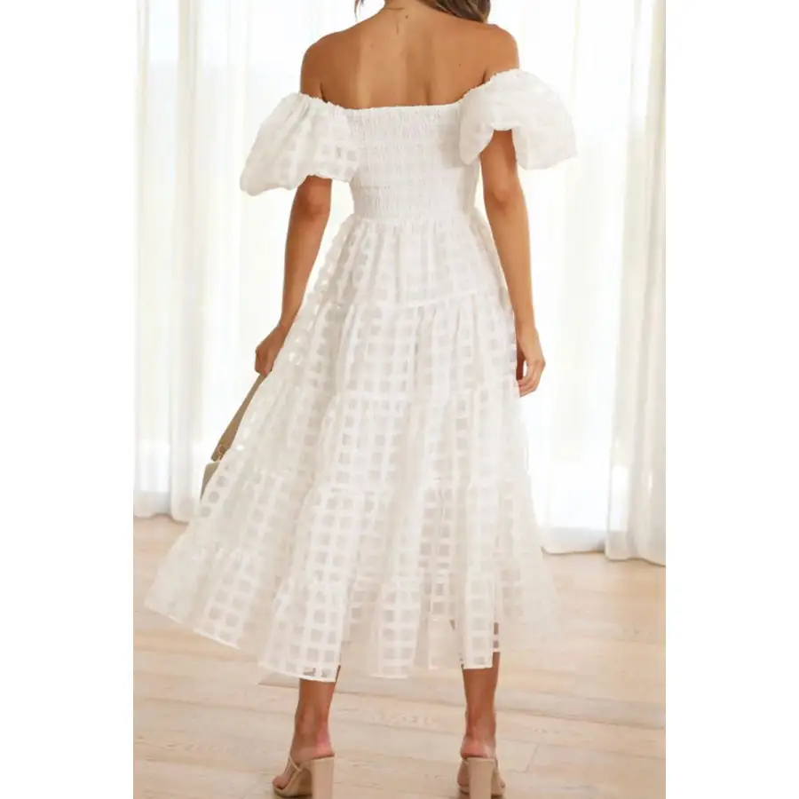 Off Shoulder Short Puff Sleeve Midi Dress