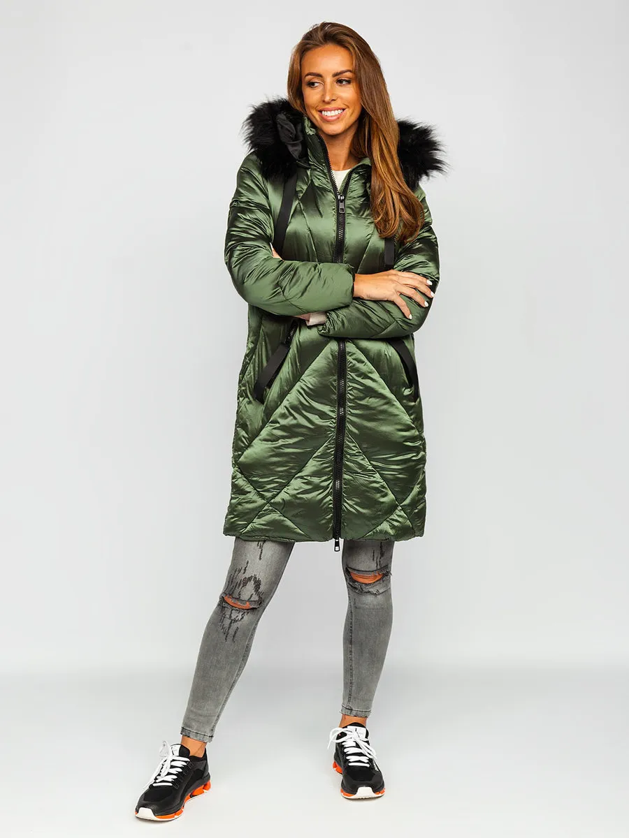 women's green quilted winter jacket with hood