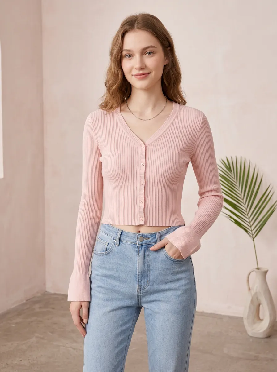 Women's Casual Pink Ribbed Knit Button Up Cardigan Top