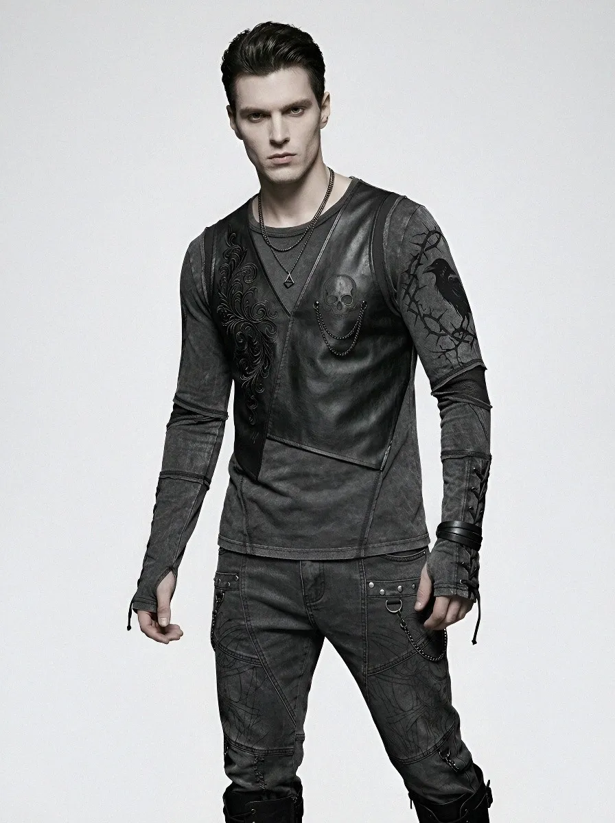 Men's Gothic Skull Raven Printed Long Sleeve Top