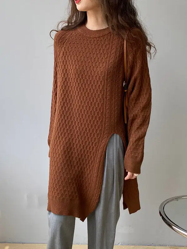Asymmetric Split Hem Round Neck Long Sleeve Knit Top