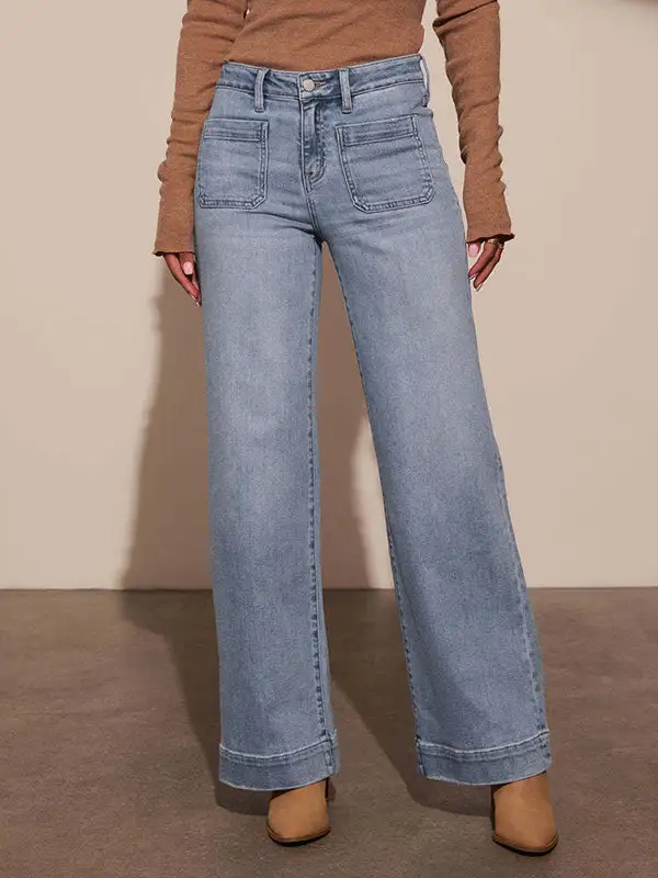 High Waist Wide Leg Seamed Buckle Detail Jeans