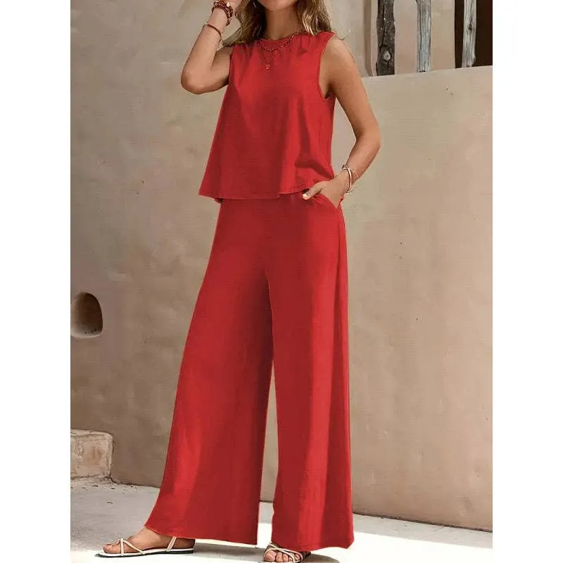 Solid Color Sleeveless Tank Top & Wide-leg Pants Set
