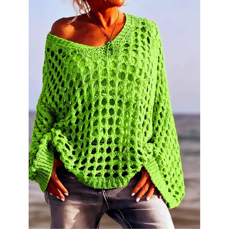 Women's Casual Loose-Fit V Neck Top - Hollow Out Design