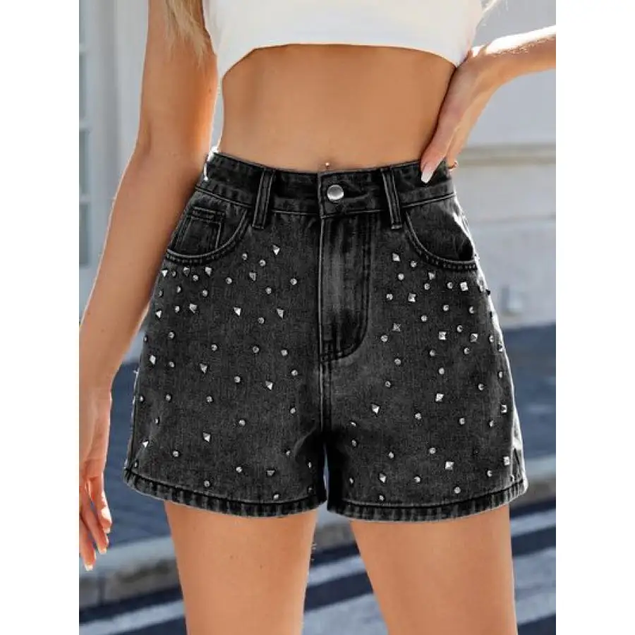 Rhinestone Washed High Waist Denim Shorts