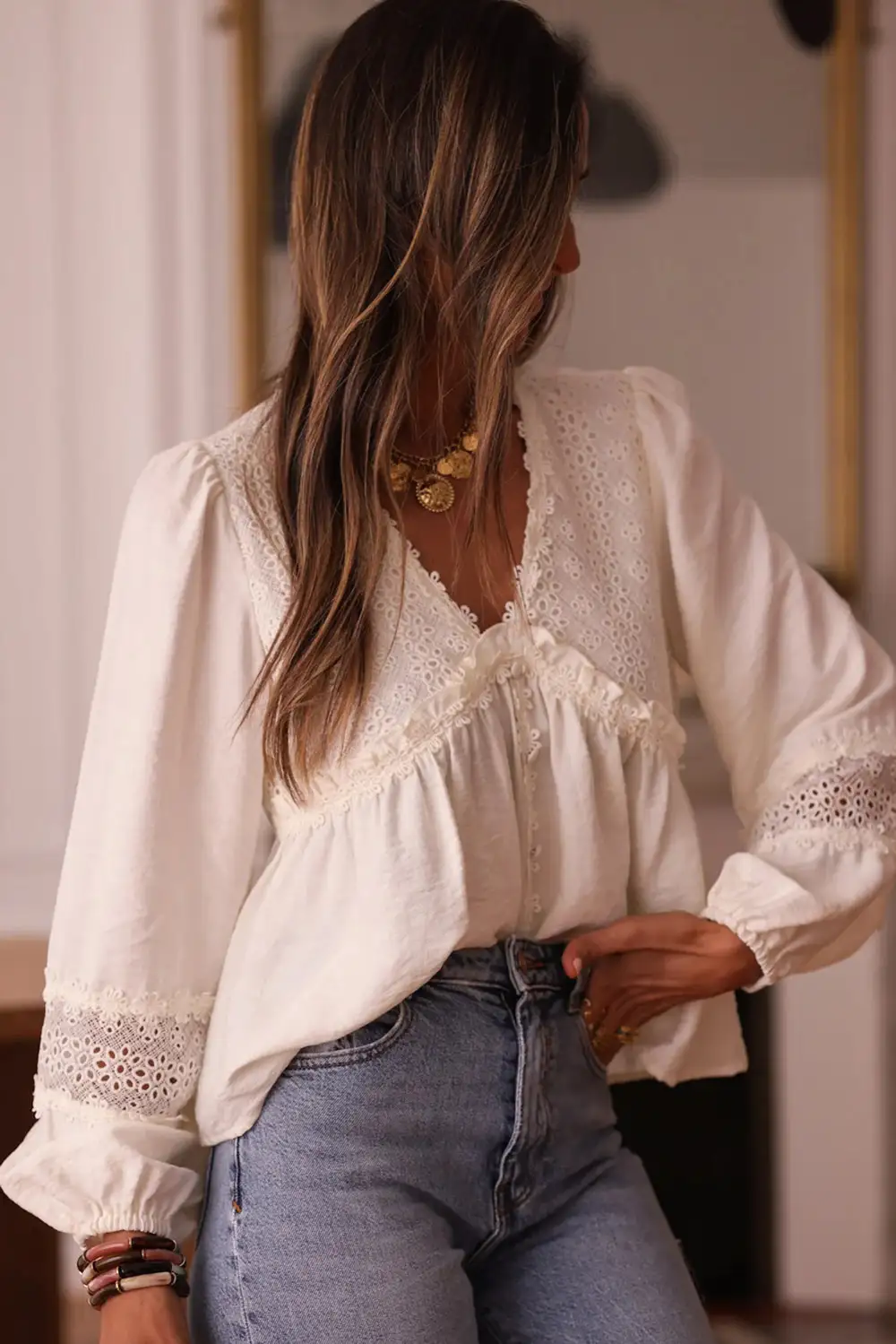 Floral Lace Trim Ruffled Blouse