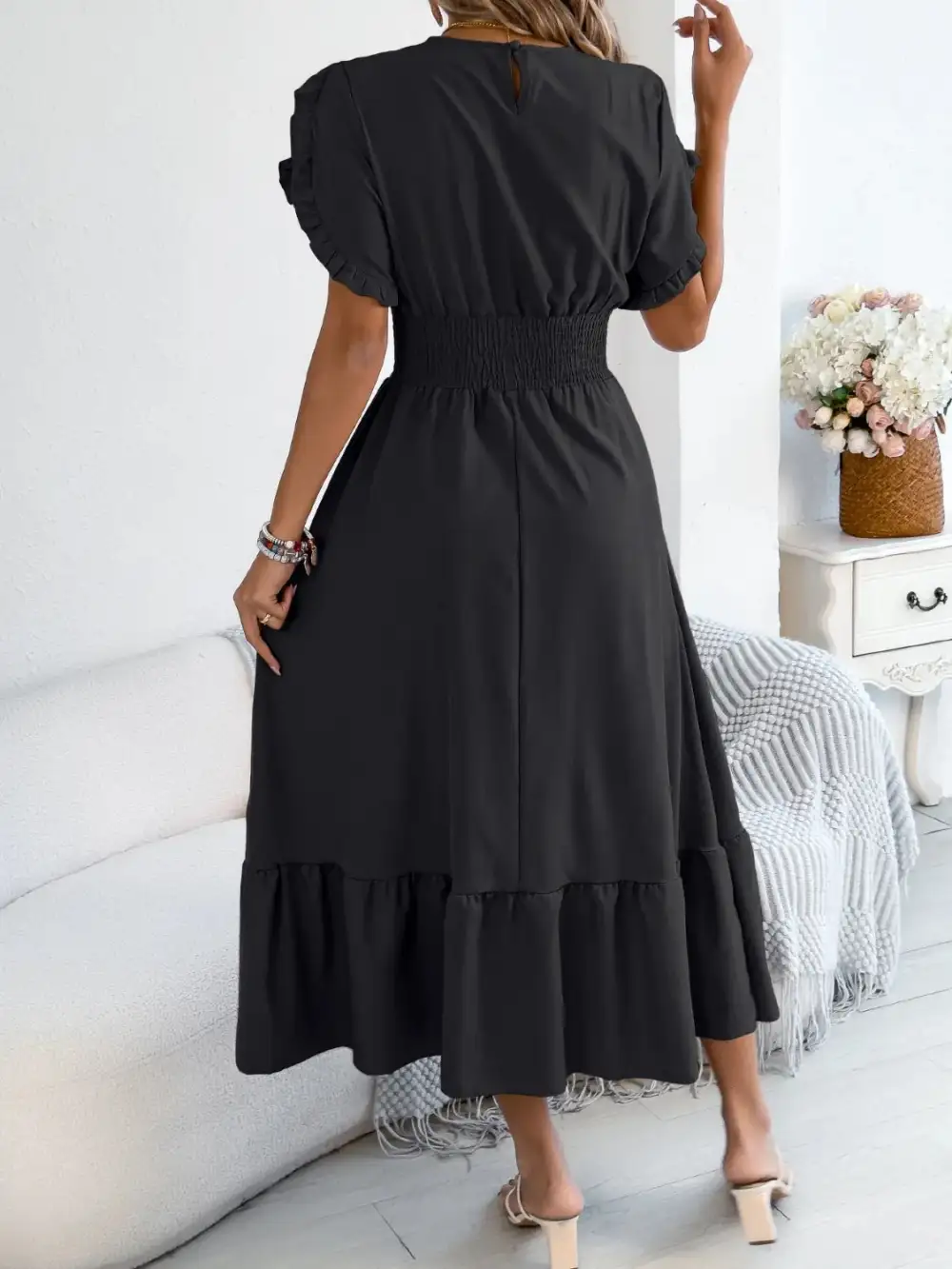 Crew Neck Ruffled Smocked Midi Dress