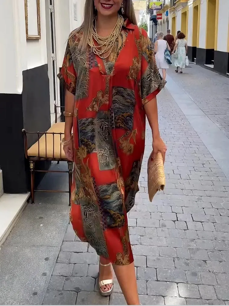 Retro Satin Print V Neck Shirt Midi Dress