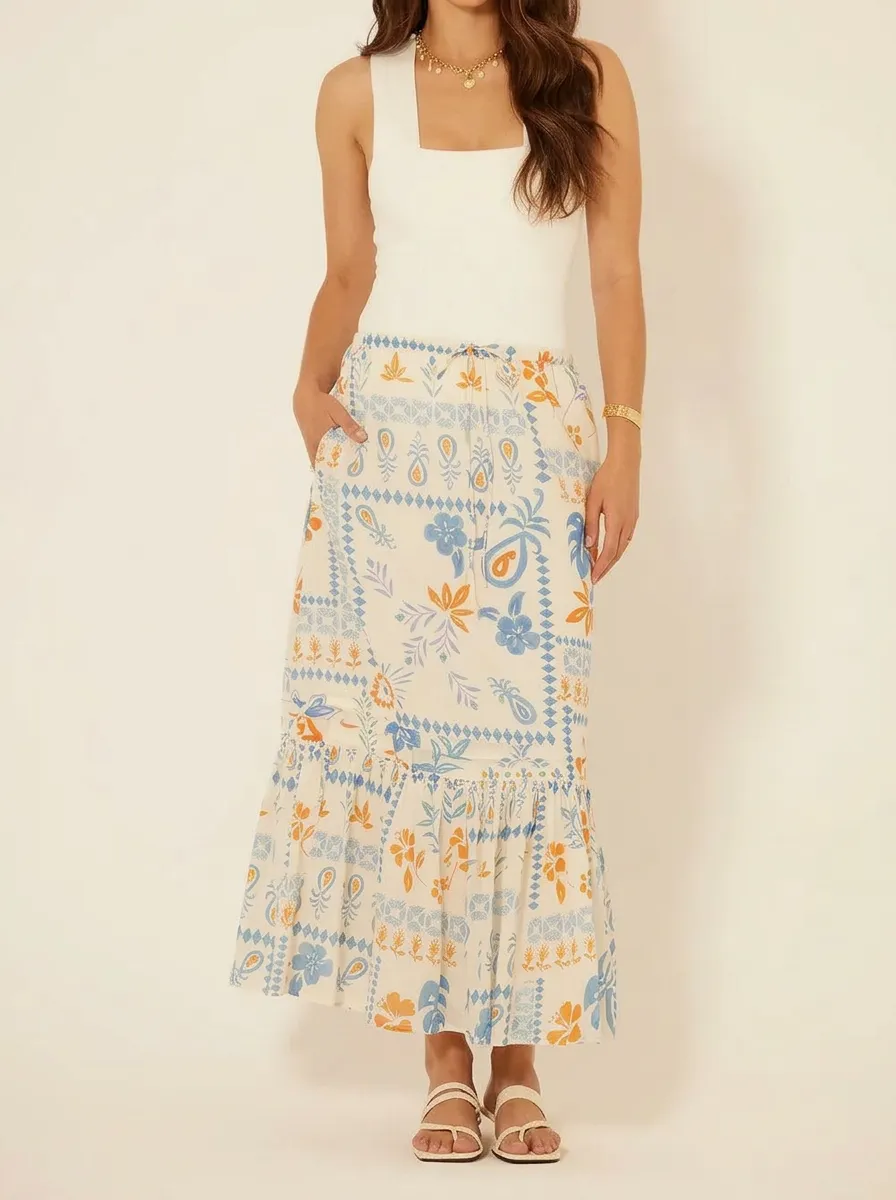 Women's Boho Blue Orange Floral Paisley Printed Midi Skirt