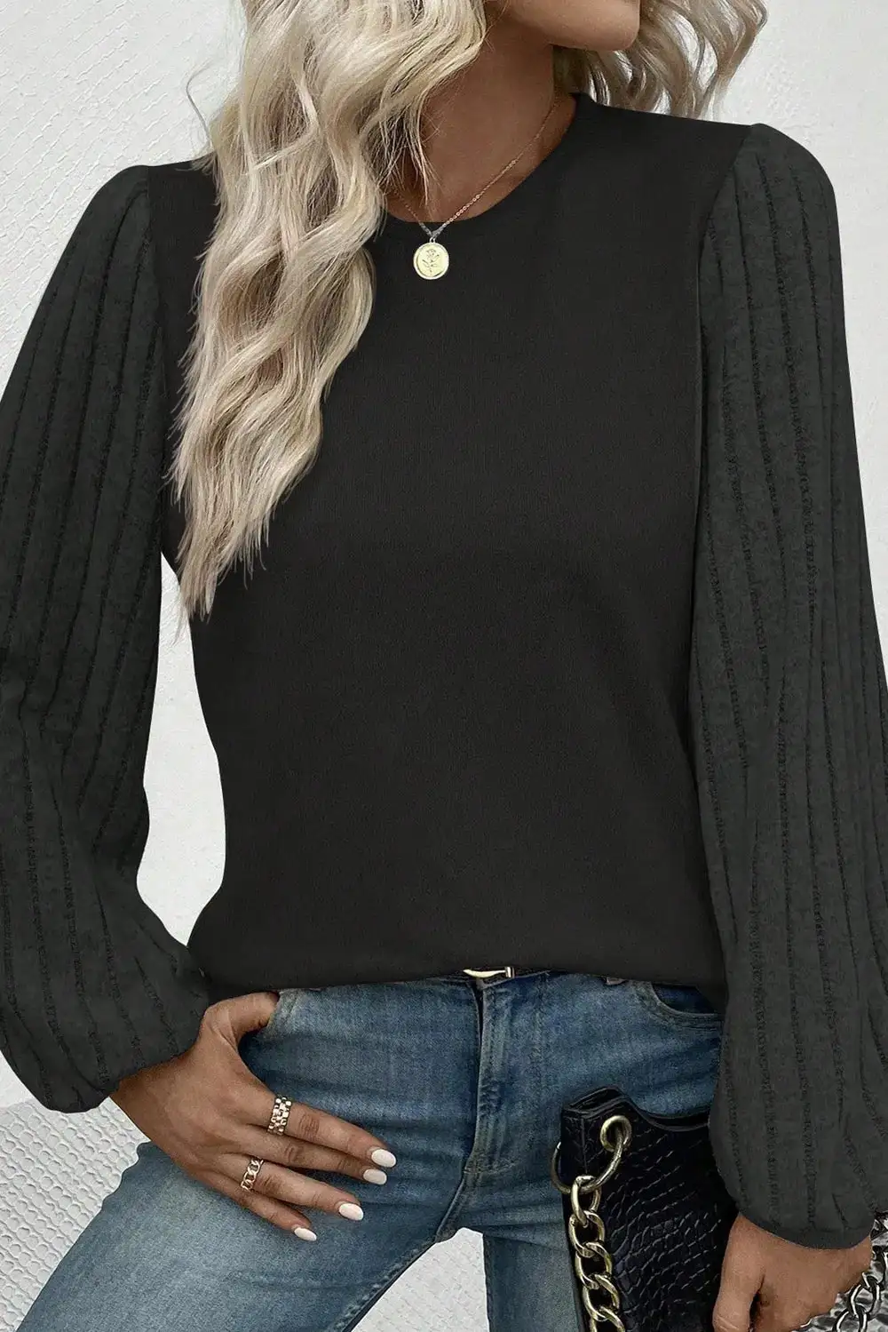 Textured Round Neck Ribbed Blouse