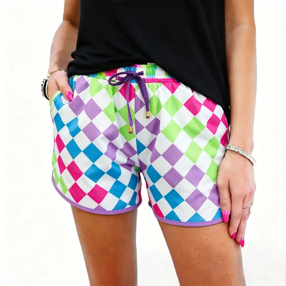 Women's Plaid Drawstring Elastic Waist Casual Shorts