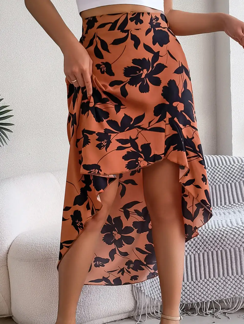 Floral Ruffle Irregular Midi Skirt