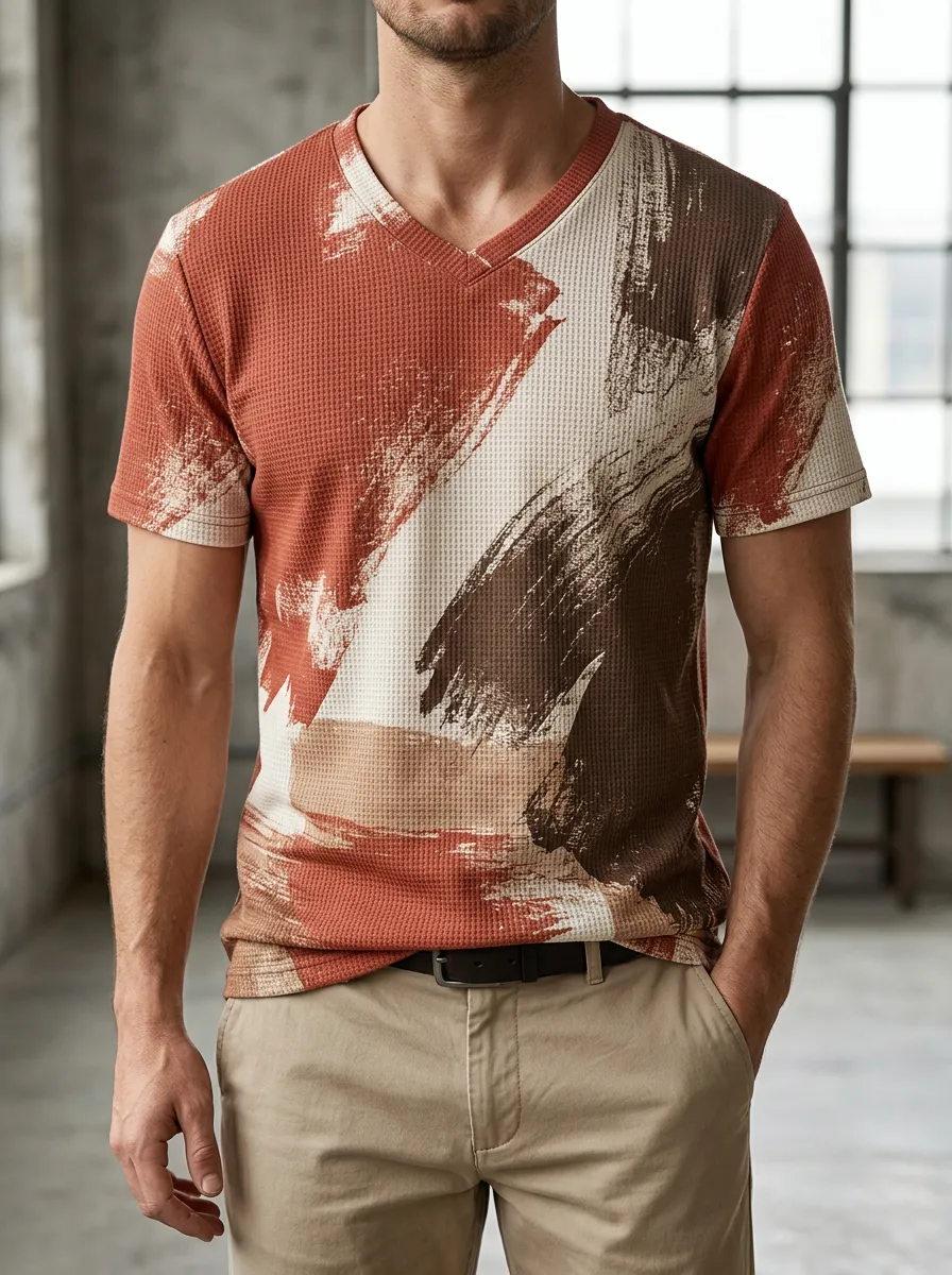Men's Motion Abstract Brushstroke Waffle Knit V-Neck T-Shirt