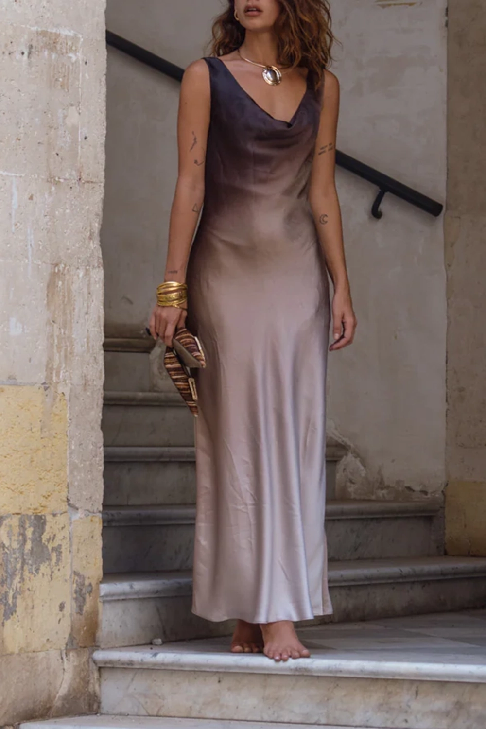 Ombre Cowl Neck Maxi Dress