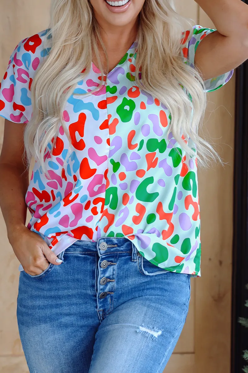 Leopard Print V-Neck Short Sleeve Blouse