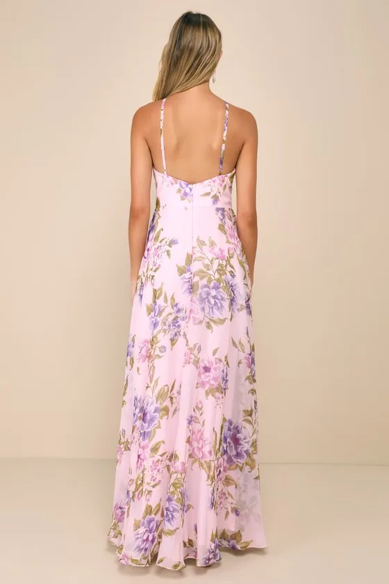 Romantic Marvel Navy Floral Print Halter Neck Maxi Dress