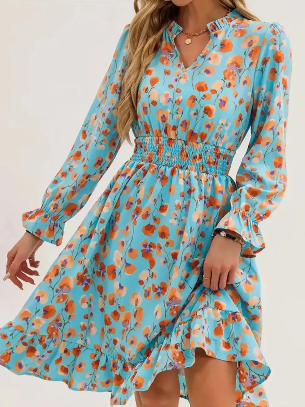 Layered Detail Floral Printed Ruffle Dress