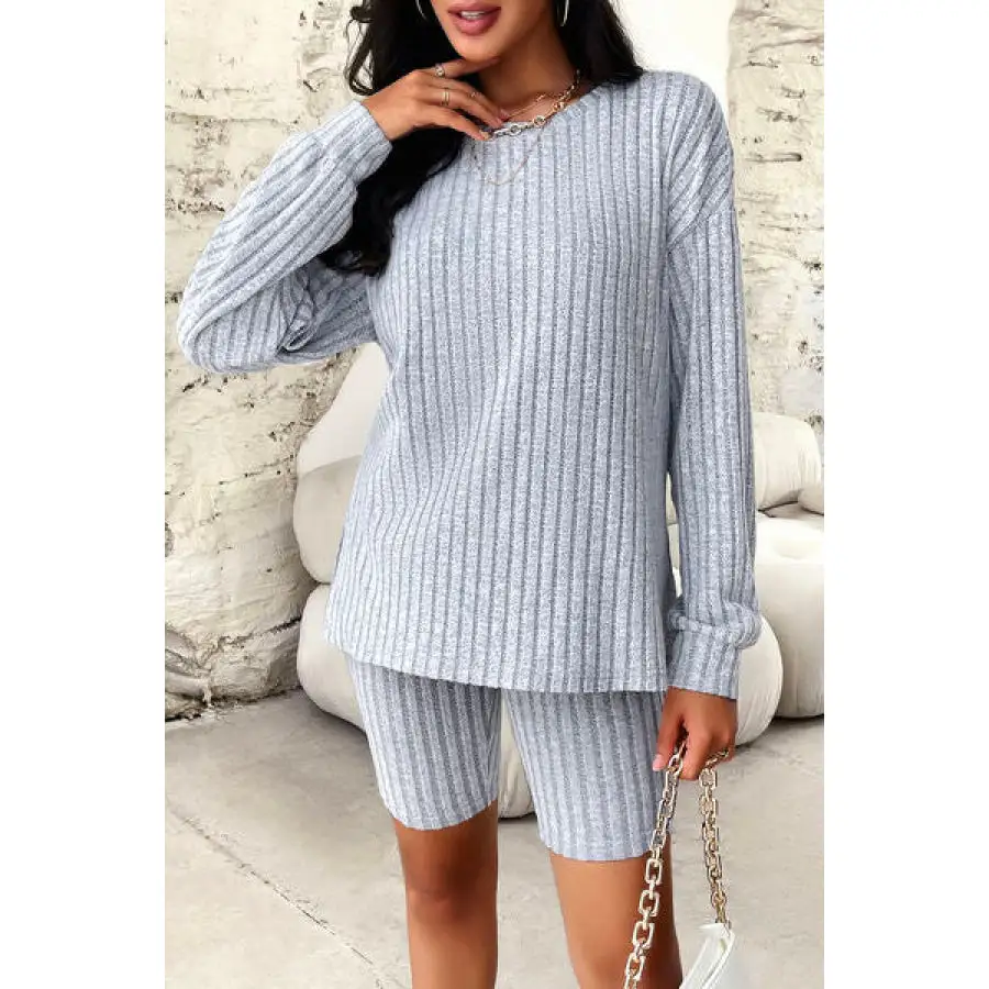 Ribbed Round Neck Dropped Shoulder Top and Shorts Set