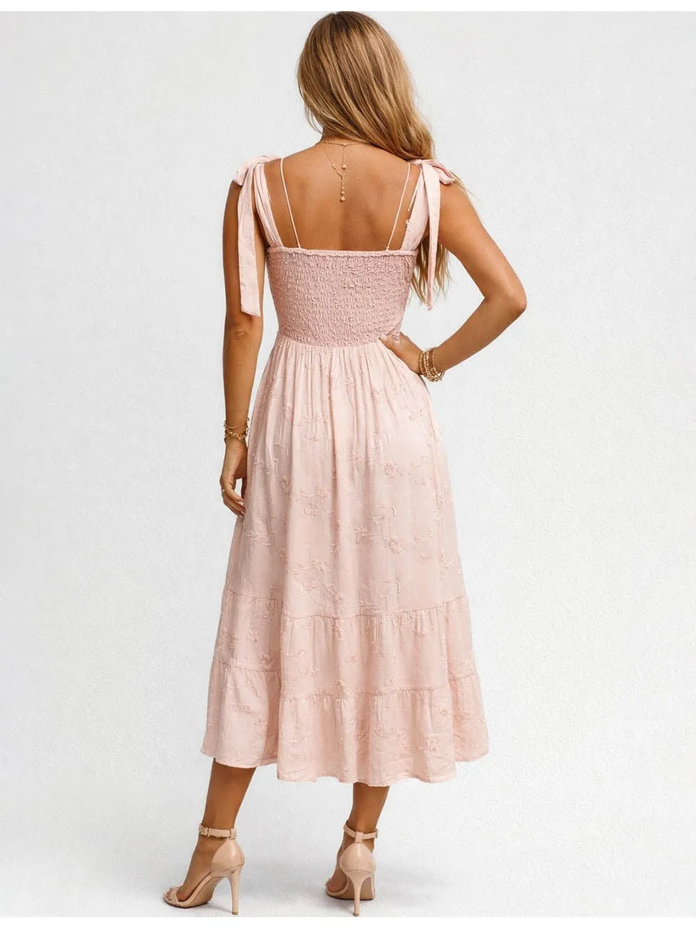 Embroidery Square Neck Shoulder Strap Midi Dress