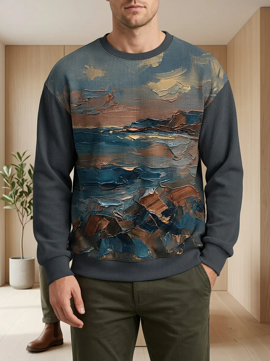 Men's Abstract Seascape Oil Painting Printed Waffle Knit Sweatshirt