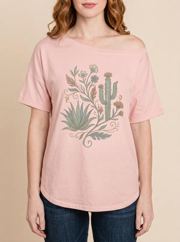 Women's Boho Desert Plant Cactus Floral Graphic Off-Shoulder T-Shirt