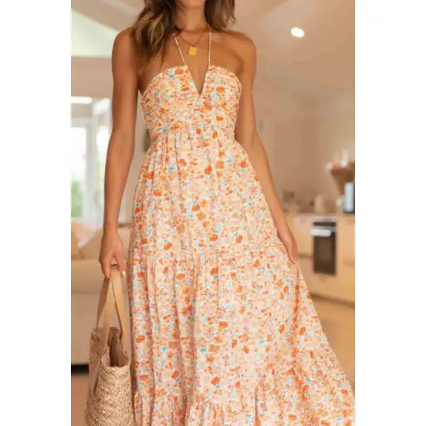 Floral Halter Neck Tiered Maxi Dress