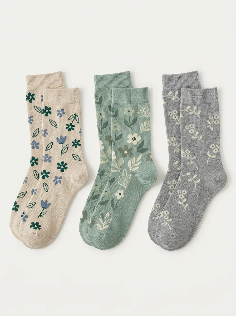 Women's Botanical Floral Ribbed Crew Socks Three Pair Set