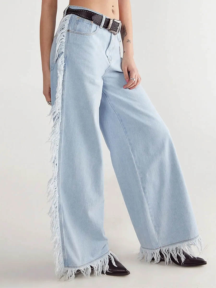 Women's Vintage-Style Fringe-Trim Wide-Leg Denim Pants