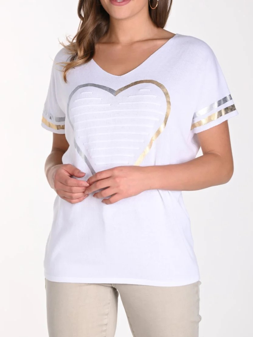White Heart - Print V - Neck T - Shirt
