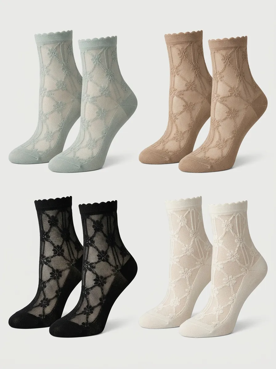 Women's Vintage Floral Lattice Scalloped Edge Sheer Printed Socks
