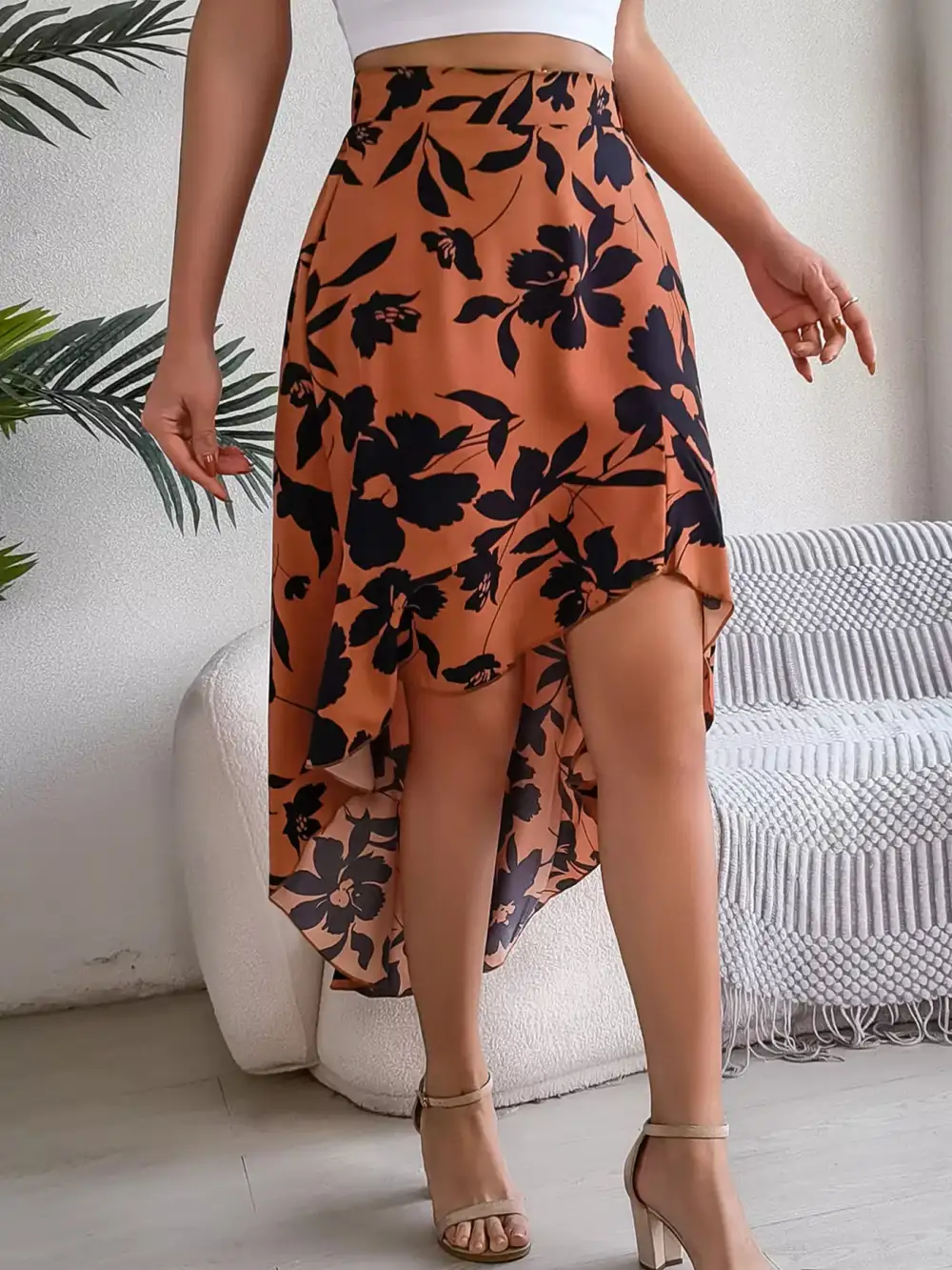 Print Ruffle Hem Asymmetrical Skirt